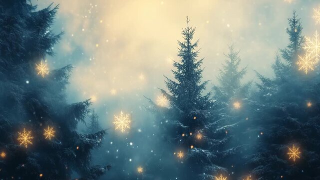 Snow covered trees with Christmas lights and snowflakes falling in a winter forest at night