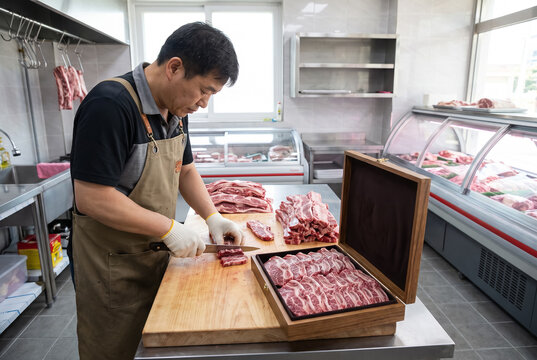 Korean Butcher Preparing LA Galbi Beef Gift Set