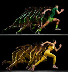 Fototapeta premium Male and female sprinters shown in colorful motion sequences. Concept of speed visualization, running technology, fitness posters and sports performance.