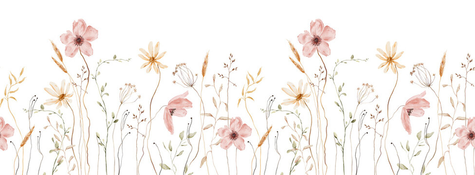 Watercolor Meadow Seamless Border. Pink Anemones, Yellow Daisies, Wheat Stalks and Dried Grasses on White Background. Horizontal repeating banner with Organic naturalistic flow wild Botanical flowers