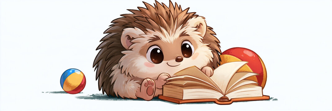 Niedlicher Cartoon-Igel liest ein Buch neben bunten B&auml;llen, verspielter Illustrationsstil, ideal f&uuml;r Kinderb&uuml;cher und Bildungsmaterialien.