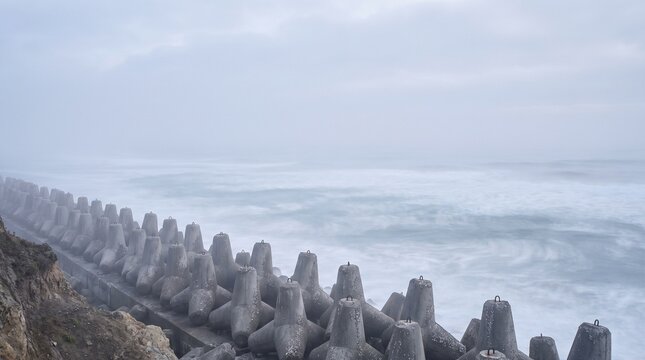 Coastal storm surge breaking against massive concrete tetrapod wave breakers along a misty foggy shoreline
