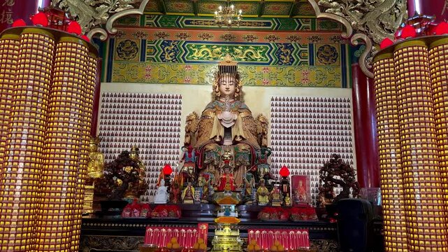 Chinese Temple with Beautiful Yellow Paper Lanterns in the Courtyard, Buddha Statue at the Altar, Religious Buddhist Chapel, Pagoda in All Its Beauty, Atmospheric Sacred Site, Painted Columns, Numerou