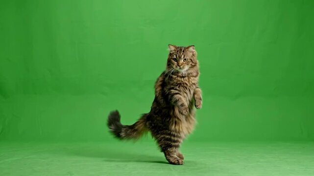 Funny tabby cat standing and dancing on green screen background, for easy compositing, kitten chroma key