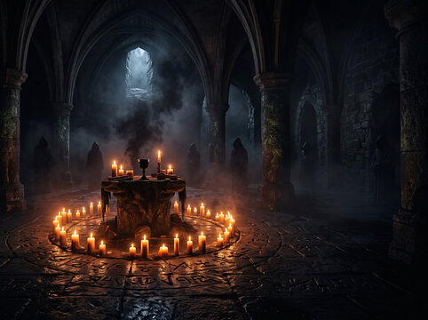 Mysterious ritual in dark medieval crypt with burning candles and mystical altar stone