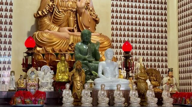 Chinese Temple with Beautiful Yellow Paper Lanterns in the Courtyard, Buddha Statue at the Altar, Religious Buddhist Chapel, Pagoda in All Its Beauty, Atmospheric Sacred Site, Painted Columns, Numerou