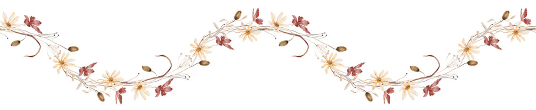 Hand painted watercolor seamless autumn border with cream white daisies, burgundy leaves, dried brown seed pods and wispy grasses, repeating horizontal botanical ribbon trim isolated on background