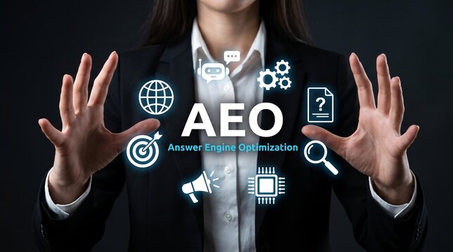 Business professional gesturing towards digital aeo answer engine optimization marketing concept icons with search optimization SEO strategy data analysis content strategy