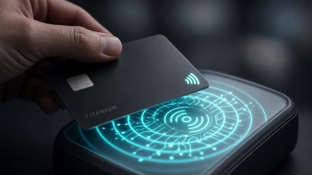 Hand holding black titanium credit card tapping on contactless digital reader with glowing cyan nfc signal waves for secure fintech payment headline