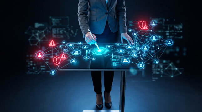 Digital network interface with connected people icons and security alerts, showcasing data visualization and cyber security concepts in a futuristic display