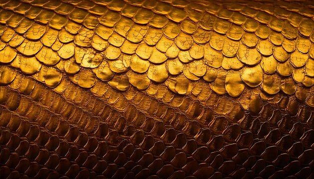 Macro texture of golden dragon scales or shiny metallic reptile skin background