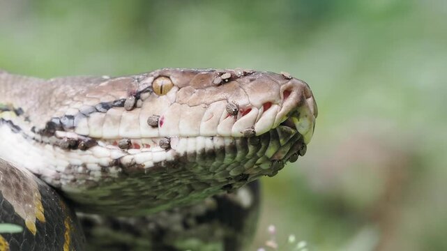 Reticulated python on the grass coiled low to the ground amidst green plants and foliage.