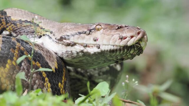 Reticulated python on the grass coiled low to the ground amidst green plants and foliage.