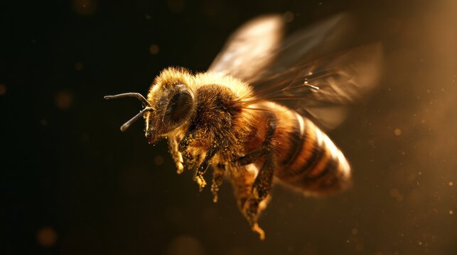 Honeybee flies with rapid wing beats. Pollen is visible on its body. The dark background has warm particle dust suggesting a dynamic scene.