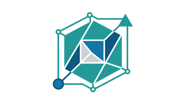Industrial 3D Geometric Network of Interconnected Cubes and Arrows with Blue and Teal Color Scheme