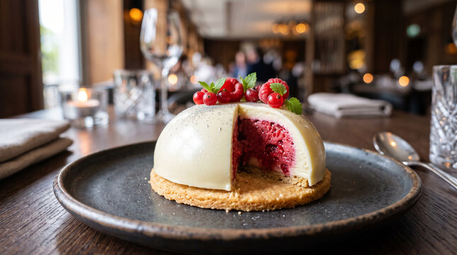 A luminous white chocolate dome revealing a vibrant raspberry mousse center on a crisp shortbread base, adorned with silver dust and micro berries in a luxury restaurant.