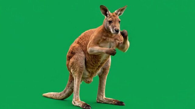 Red kangaroo standing upright on hind legs against solid green studio background
