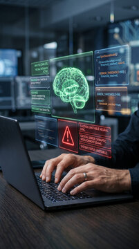 Holographic display of a brain and code with error message, symbolizing AI development and diagnostics, showcasing technology and innovation