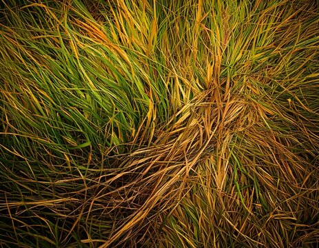 Top view of fresh green grass with dry brown dead patches or contrast between life and death nature background