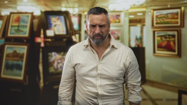 Man grimacing and squinting, beard visible and sleeves rolled, standing in an art gallery building interior among framed paintings; discomfort.