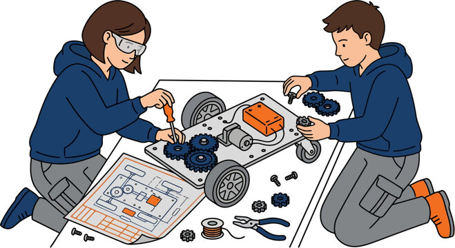 Children building and assembling a robot car together in a STEM education class