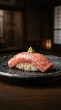 A single piece of premium fatty tuna nigiri sushi served on a dark textured ceramic plate.