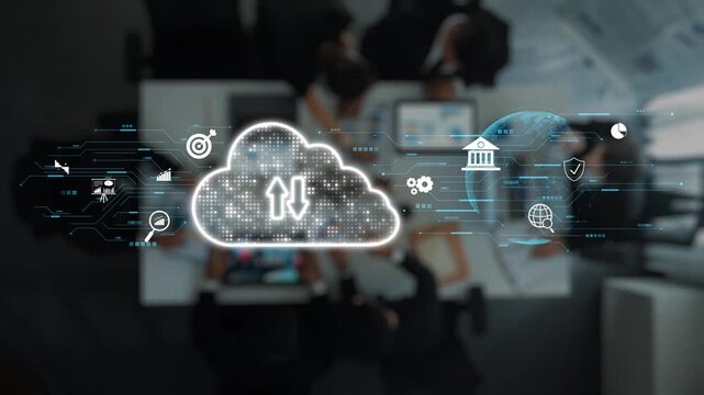 A modern office scene showcasing team collaboration with cloud computing concepts. The image illustrates data upload and download symbols amidst a professional digital workspace. Raster