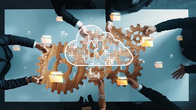 A diverse group of business professionals collaborating around a table, visualizing cloud computing strategies with gears and file folders for efficient data management. Raster