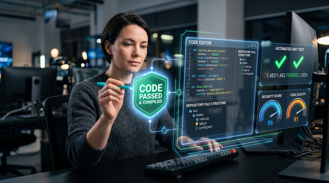 Woman programmer interacting with a holographic interface showing code and development metrics, symbolizing successful software deployment and efficiency