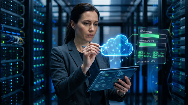 Woman in data center interacting with holographic cloud interface displaying network speed, symbolizing cloud computing and technology management