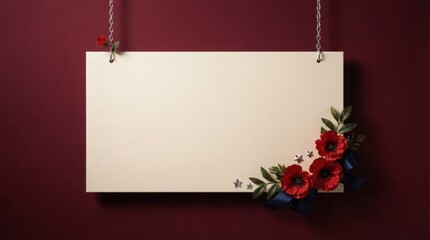 Fototapeta premium Blank hanging sign decorated with red poppy flowers on burgundy background