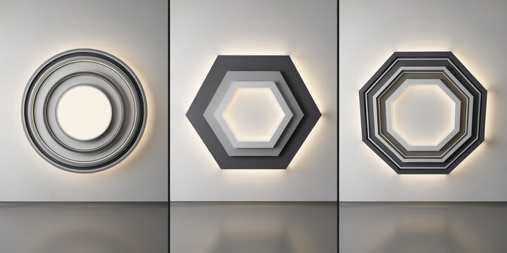 Three geometric wall lamps featuring circular, hexagonal, and octagonal shapes with