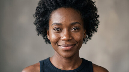 Fototapeta premium Close up portrait of a woman with an afro in a black vest top against a textured concrete wall