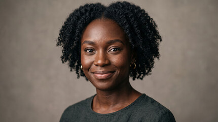 Fototapeta premium Studio portrait of a smiling woman with defined curls wearing a green linen top