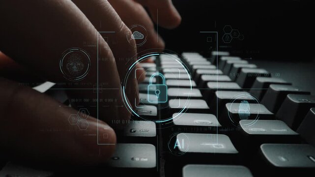 Cybersecurity system interface with biometric lock and data protection. Cybersecurity protects access, identity, cyber security prevents threats, and cyber security supports digital systems. Marrow