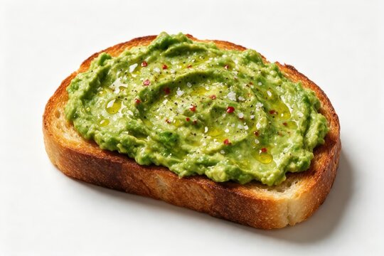 Toasted bread slice topped with creamy green guacamole garnished with red pepper flakes