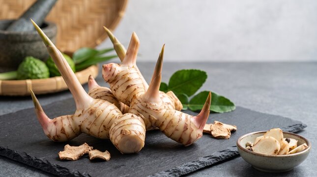 Fresh galangal roots on a dark slate board with herbs and spices