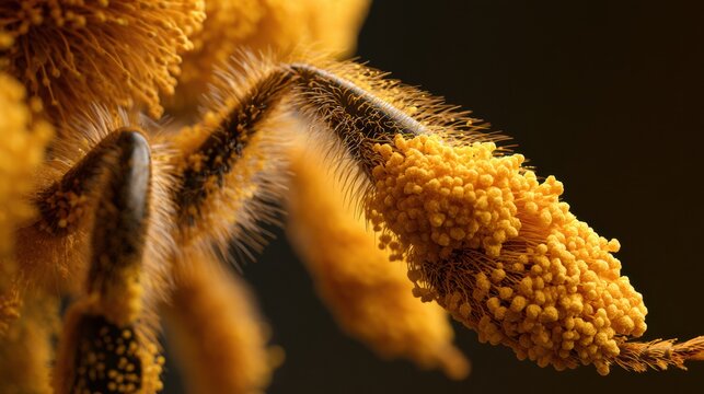Close-up view of bee legs with pollen basket full of yellow pollen granules under warm studio light on a dark background