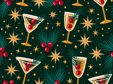 Motif r&eacute;p&eacute;titif festif du Nouvel An vintage : fl&ucirc;tes de champagne, cocktails, romarin, houx et &eacute;toiles dor&eacute;es sur fond vert