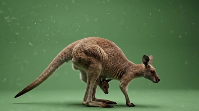 Adult eastern grey kangaroo standing upright with joey in pouch against green studio backdrop