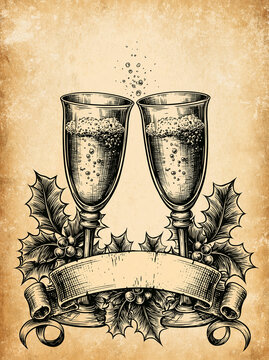 Gravure vintage sur parchemin vieilli : deux fl&ucirc;tes de champagne en cristal trinquent, entour&eacute;es de houx et d'un ruban. Dessin au trait noir avec espace en haut