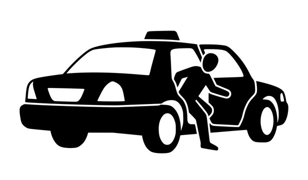 Passenger exiting taxi from open rear door black silhouette transportation icon
