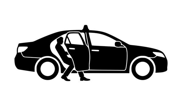 Taxi car with passenger getting out black silhouette vector illustration