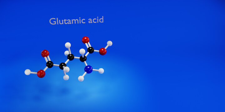 Molecule of Glutamic acid. Chemicals, micro and macronutrients. Periodic table of Mendeleev. Microelements necessary for humans. 3d render.