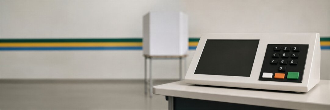 Electronic voting machine stands beside a ballot box at a polling station. Brazilian election technology supports secure voter participation. Banner with copy space