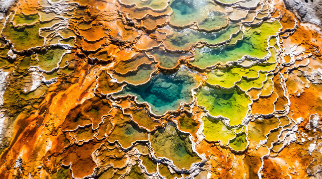 Geothermal hot spring mineral terrace orange teal bacteria texture