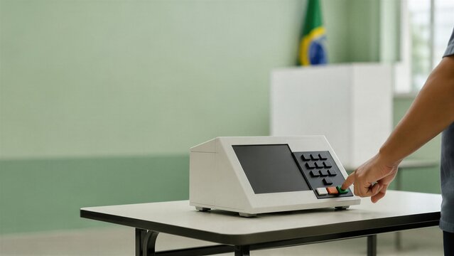 Voter presses an electronic voting machine in Brazil. A national flag marks the polling station. Democracy and civic participation define election coverage.