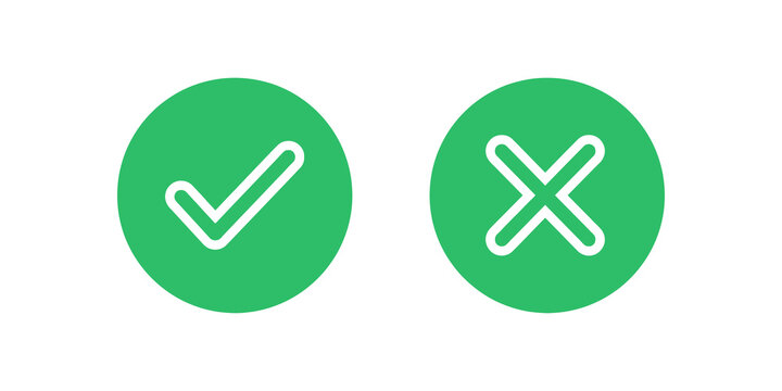 Green circle checkmark and cross symbol flat icon on transparent set.