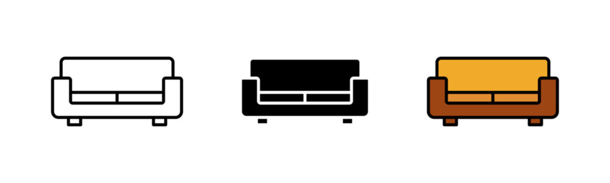 Sofa Icon - Outline Stroke, Glyph Black Fill and Color Fill with Stroke Vector Isolated on White Background