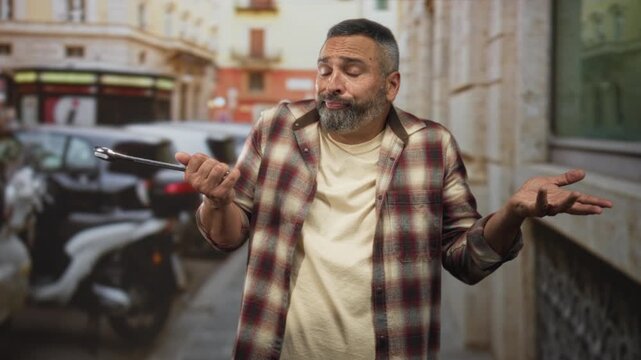 Man mechanic shrugging with wrench and open palms on a narrow street with parked scooters and cars, wearing flannel shirt and t shirt; repair humor.